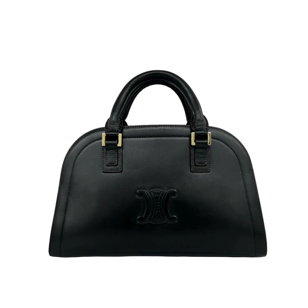 CELINE Vintage Triomphe Logo Embossed Leather Handbag Mini Boston Bag Brown 7...